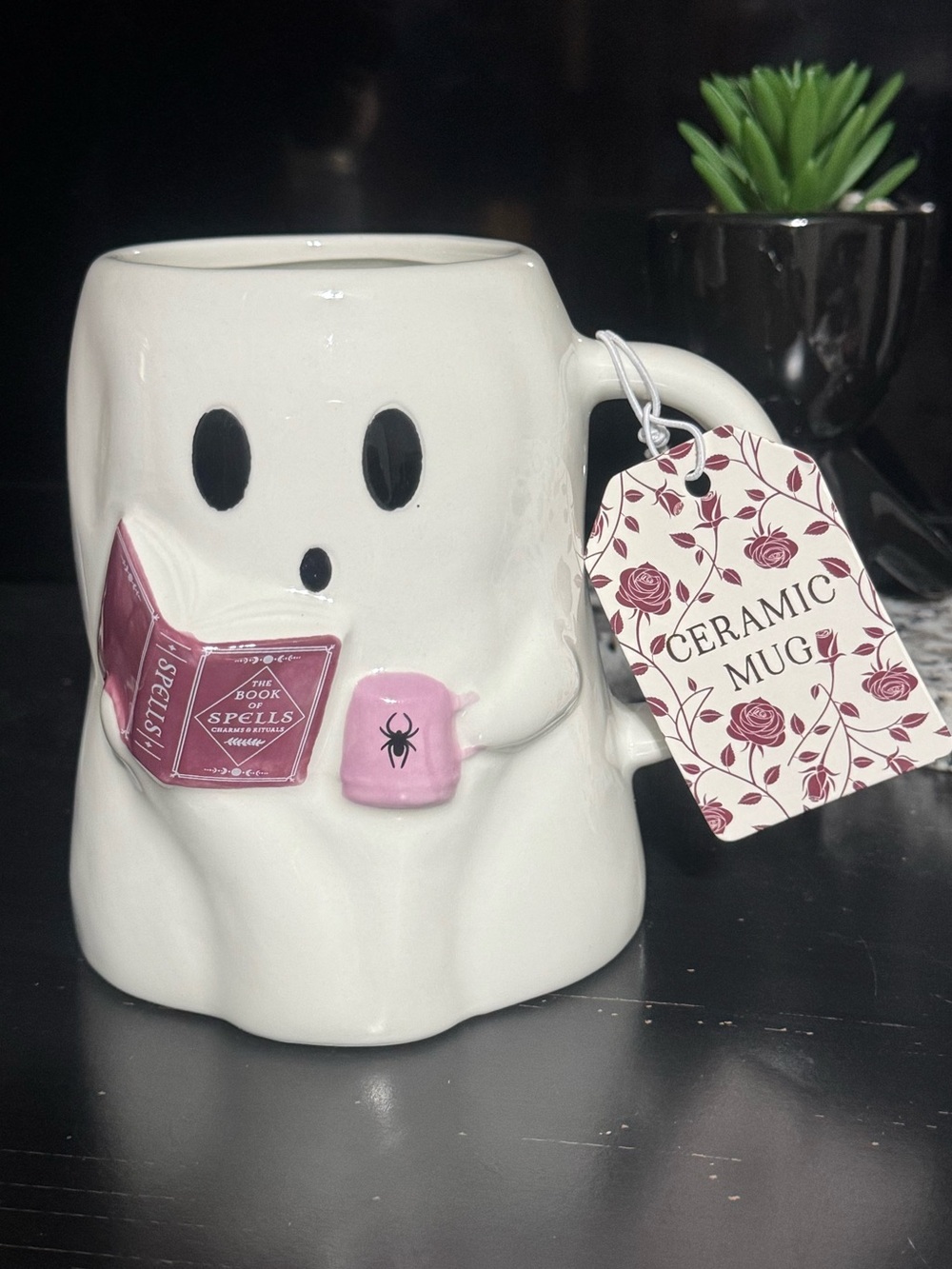 Ghost Reading a Book of Spells Ceramic Halloween Mug
